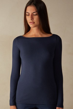 Intimissimi Bateau Neck Top in Micromodal Lange Ærmer Dame Blå | DK4235HK