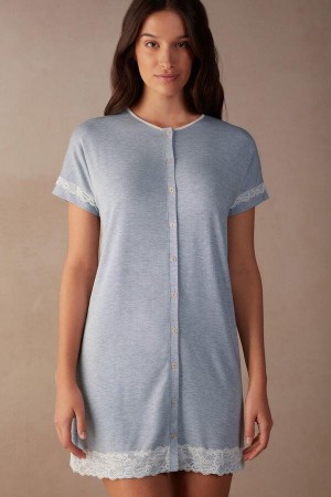 Intimissimi Blonder Trim Button Up Nightgown Pyjamas Dame Lyseblå | DK3843AP