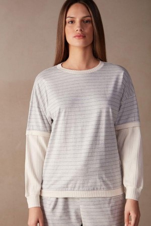 Intimissimi Casual Sunday Long Sleeve Top Pyjamas Dame Grå Lysegul Beige Striber | DK3918XF