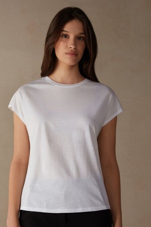 Intimissimi Crew Neck Top in Supima® Ultrafresh cotton Short Sleeve Dame Hvide | DK4197EX