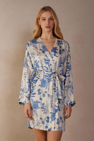 Intimissimi Feeling Beautiful Satin Kimono Pyjamas Dame Hvide Blå | DK3864VD