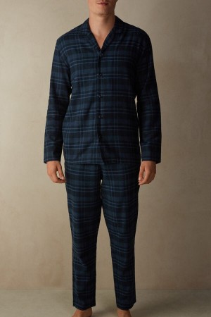 Intimissimi Full Length in Brushed Blue Check Patterned Cloth Pyjamas Herre Blå | DK3138HK