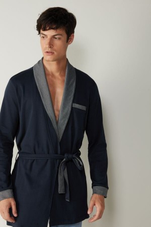 Intimissimi Interlock Bomulds Smoking Jacket Pyjamas Herre Blå | DK3173UT