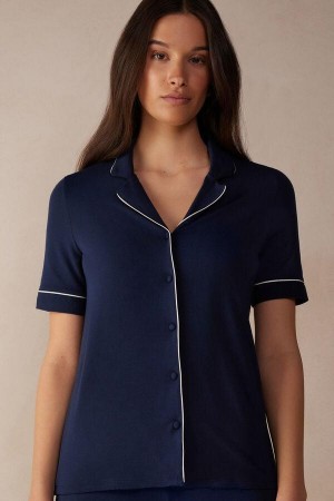 Intimissimi Kort Sleeve Button Up Shirt in Modal Pyjamas Dame Blå | DK3962EX