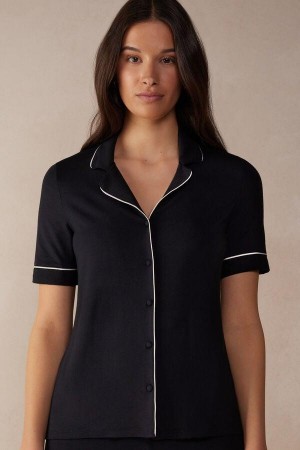 Intimissimi Kort Sleeve Button Up Shirt in Modal Pyjamas Dame Sort | DK3961RW