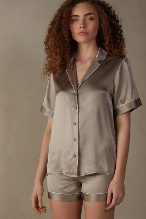 Intimissimi Kort Sleeve Silk Shirt with Contrast Trim Pyjamas Dame Beige | DK3932IS