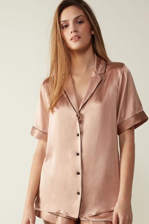 Intimissimi Kort Sleeve Silk Shirt with Contrast Trim Pyjamas Dame Lyserød | DK3929AP