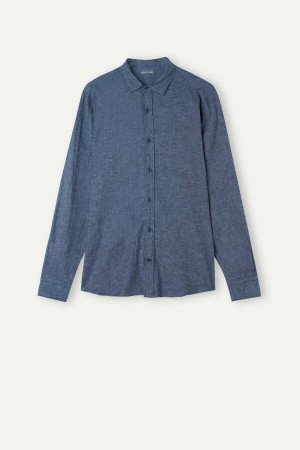 Intimissimi Linen and Bomulds Shirt Lange Ærmer Herre Blå | DK3100OR