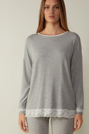 Intimissimi Long-Sleeve Round-Neck Modal Top Pyjamas Dame Lysegrå | DK3867ZG