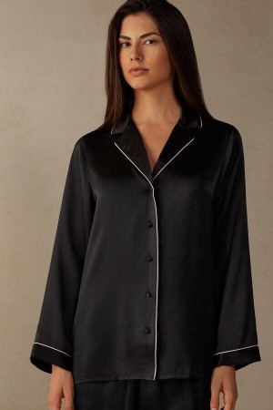 Intimissimi Mannish-Cut Jacket in Silk Satin Pyjamas Dame Sort | DK4031DN