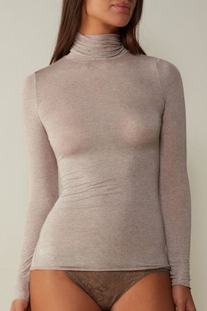 Intimissimi Modal Cashmere Ultralight High-Neck Top Lange Ærmer Dame Beige | DK4253NB