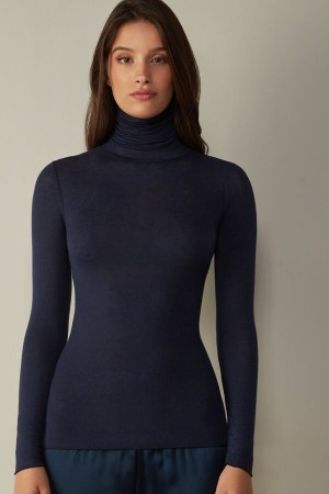 Intimissimi Modal Cashmere Ultralight High-Neck Top Lange Ærmer Dame Blå | DK4217IS