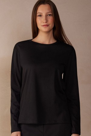 Intimissimi Oversized Top in Supima® Bomulds Lange Ærmer Dame Sort | DK4219YU