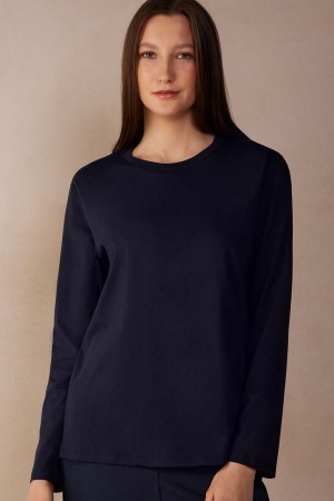 Intimissimi Oversized Top in Supima® Bomulds Lange Ærmer Dame Blå | DK4218UT