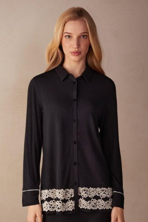 Intimissimi Pretty Flowers Button Up Shirt in Modal Pyjamas Dame Sort Hvide | DK3870JJ