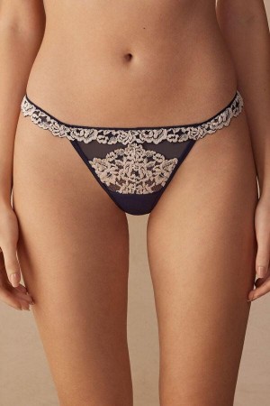 Intimissimi Pretty Flowers String Thong Trusser Dame Dyb Blå Lysegul | DK3818JJ