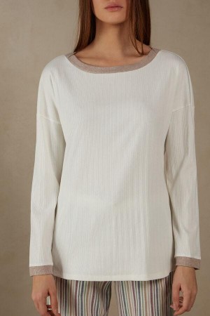 Intimissimi Ribbet Bomulds Bateau Neck Long Sleeve Top Pyjamas Dame Hvide | DK3880IS