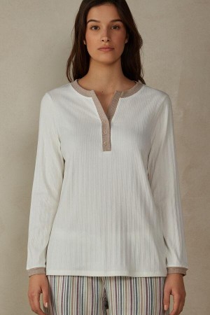 Intimissimi Ribbet Bomulds Long Sleeve Henley Top Pyjamas Dame Hvide | DK3882YU