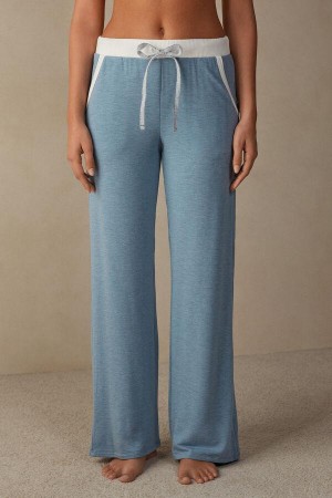 Intimissimi Romantic Bedroom Contrast Trim Full Length Pants in Modal with Uld Pyjamas Dame Lyseblå | DK4008OR