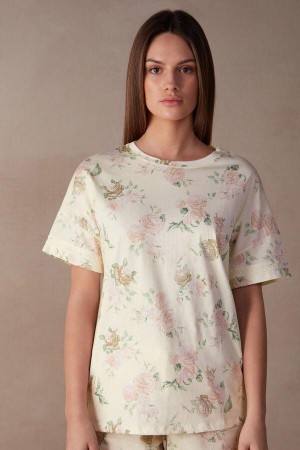 Intimissimi Scent of Roses Kort Sleeve Bomulds T-shirt Pyjamas Dame Flerfarvede Hvide | DK3955PQ