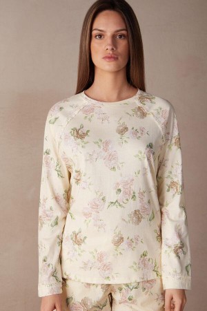 Intimissimi Scent of Roses Long Sleeve Bomulds T-shirt Pyjamas Dame Flerfarvede Hvide | DK3923HK