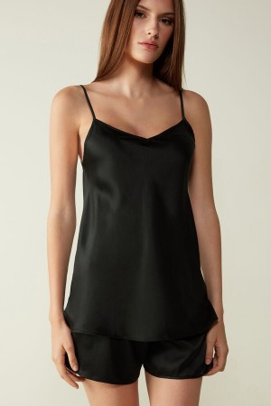 Intimissimi Silk Satin with V-neckline Tank Top Dame Sort | DK4353EX