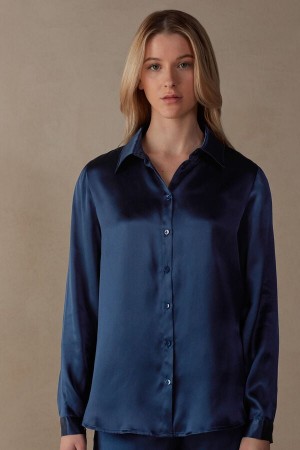 Intimissimi Silk Shirt Lange Ærmer Dame Blå | DK4242PQ