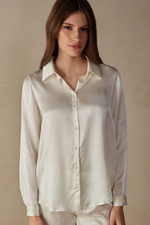 Intimissimi Silk Shirt Lange Ærmer Dame Hvide | DK4240SO