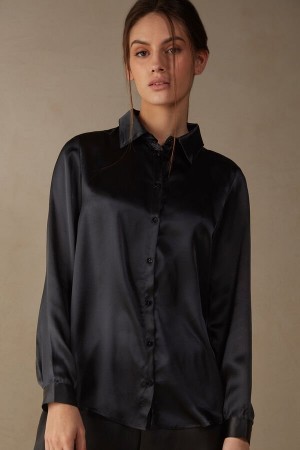 Intimissimi Silk Shirt Lange Ærmer Dame Sort | DK4243OR