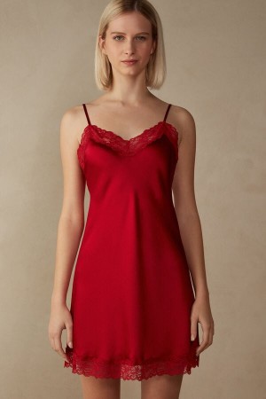 Intimissimi Silk Slip with Blonder Insert Detail Lingeri Dame Rød | DK4138PQ