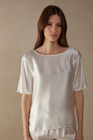 Intimissimi Silk and Modal Top Short Sleeve Dame Hvide | DK4202HK