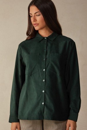 Intimissimi Slow and Cozy Velvet Shirt Pyjamas Dame Grøn | DK3895AP