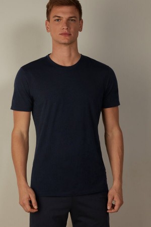 Intimissimi Stretch Merino Uld Kort-Sleeve T Shirts Herre Blå | DK3056OR