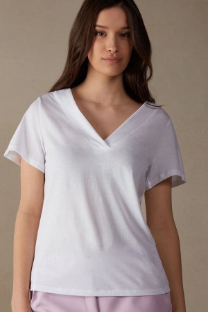 Intimissimi V-neck Top in Supima® Ultrafresh Bomulds Short Sleeve Dame Hvide | DK4200MA