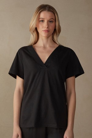 Intimissimi V-neck Top in Supima® Ultrafresh Bomulds Short Sleeve Dame Sort | DK4199QZ