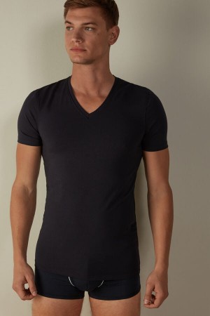 Intimissimi V-neck in Stretch Supima® Bomulds T Shirts Herre Blå | DK3035EX