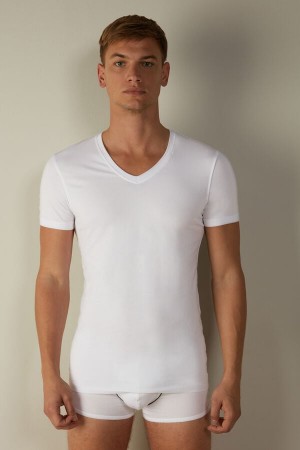 Intimissimi V-neck in Stretch Supima® Bomulds T Shirts Herre Hvide | DK3033TV