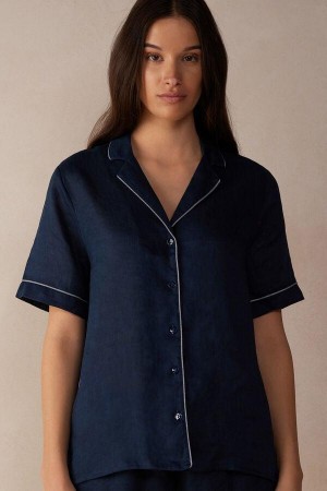 Intimissimi Yacht Night Linen Kort Sleeve Shirt Pyjamas Dame Blå | DK3964QZ