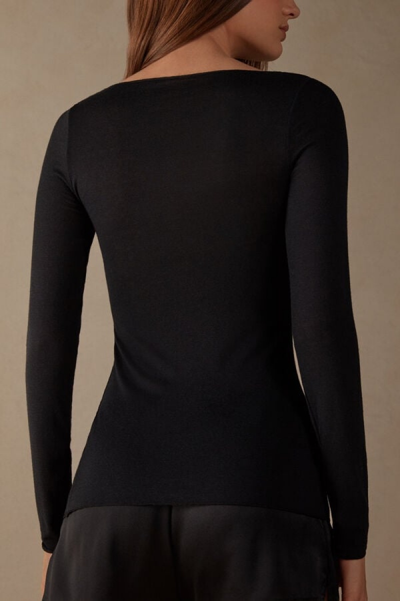 Intimissimi Båd Neck Modal Cashmere Ultralight Top Lange Ærmer Dame Sort | DK4259AP