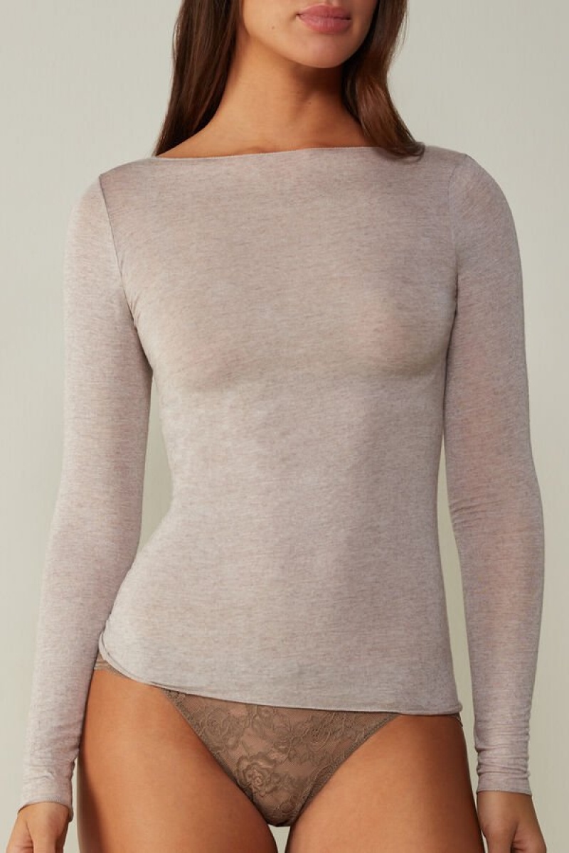 Intimissimi Båd Neck Modal Cashmere Ultralight Top Lange Ærmer Dame Beige | DK4258SO