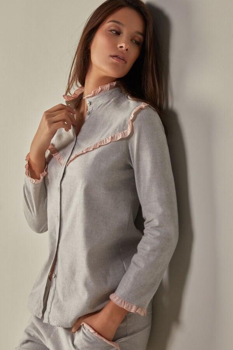 Intimissimi Bomulds Rouches Brushed Bomulds Cloth Long Sleeve Shirt Pyjamas Dame Lysegrå | DK3874FM