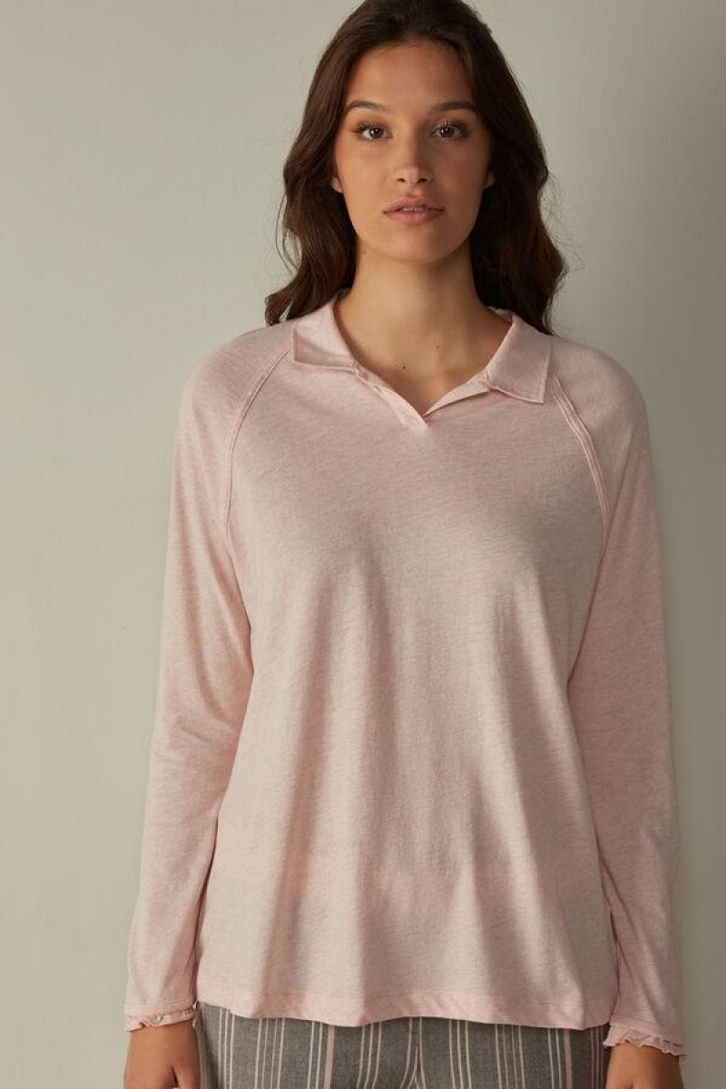 Intimissimi Bomulds Rouches Long Sleeve Polo Pyjamas Dame Lyserød | DK3873GL