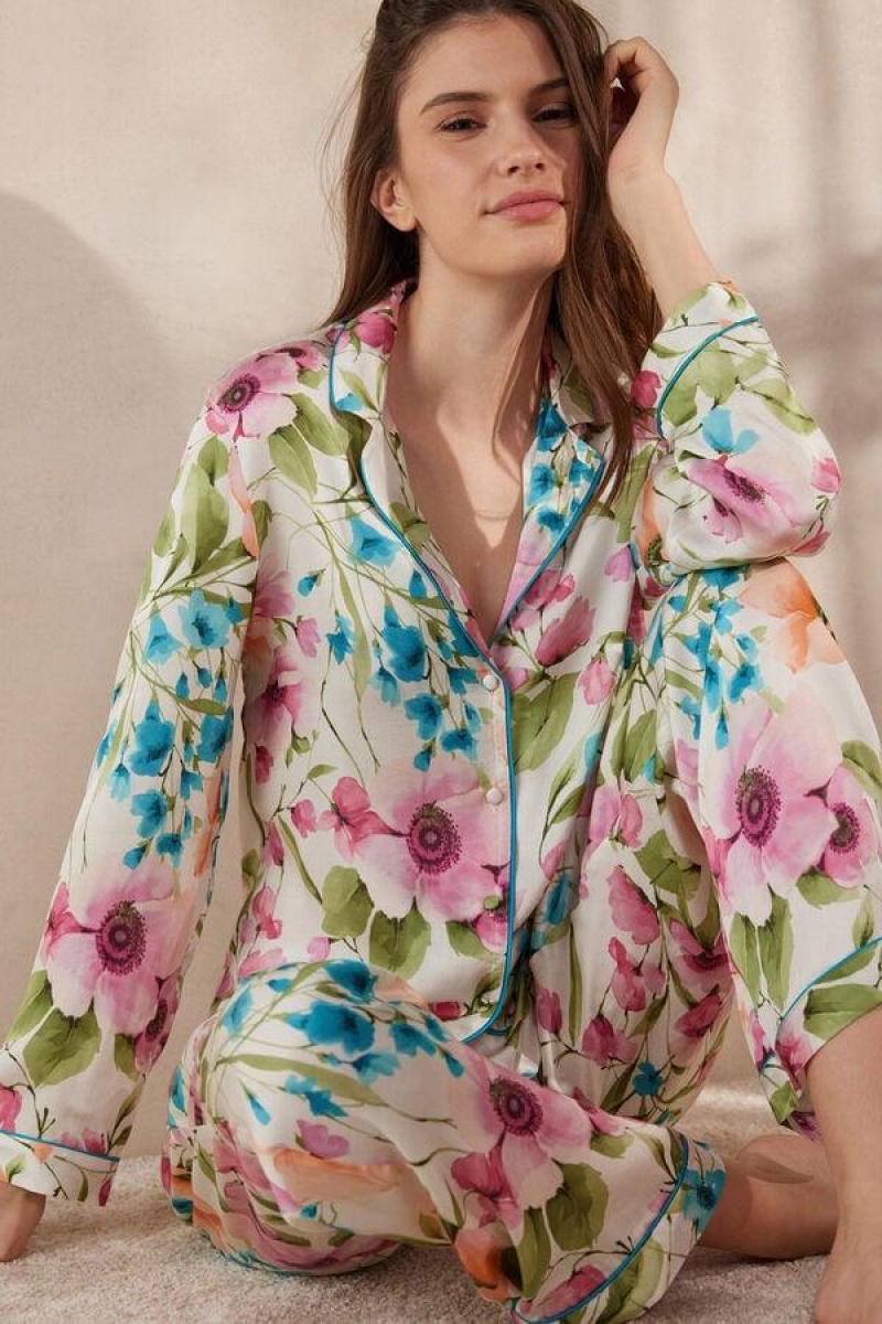 Intimissimi Botanical Lyrics Satin Button Up Shirt Pyjamas Dame Flerfarvede | DK3919ZG