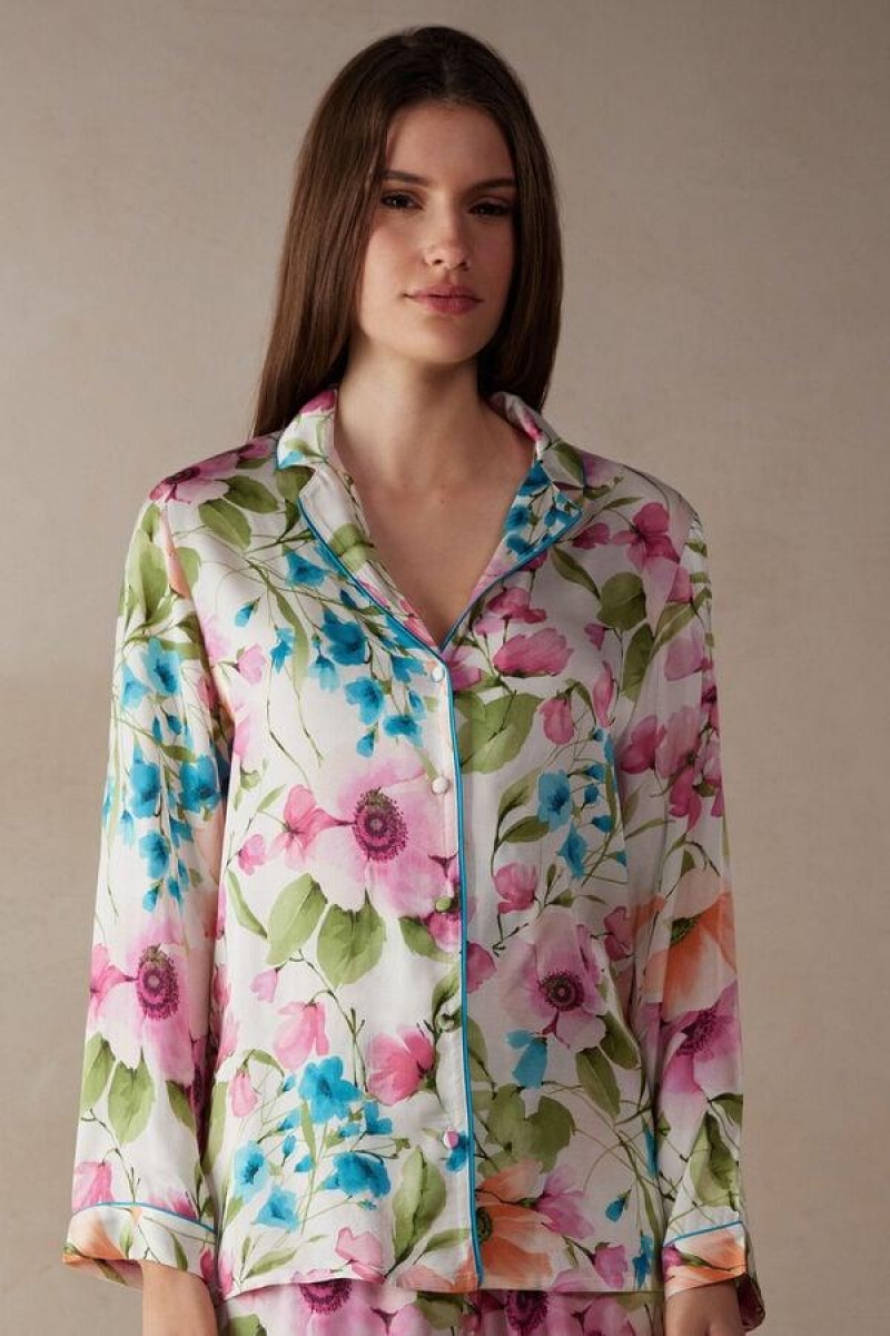 Intimissimi Botanical Lyrics Satin Button Up Shirt Pyjamas Dame Flerfarvede | DK3919ZG