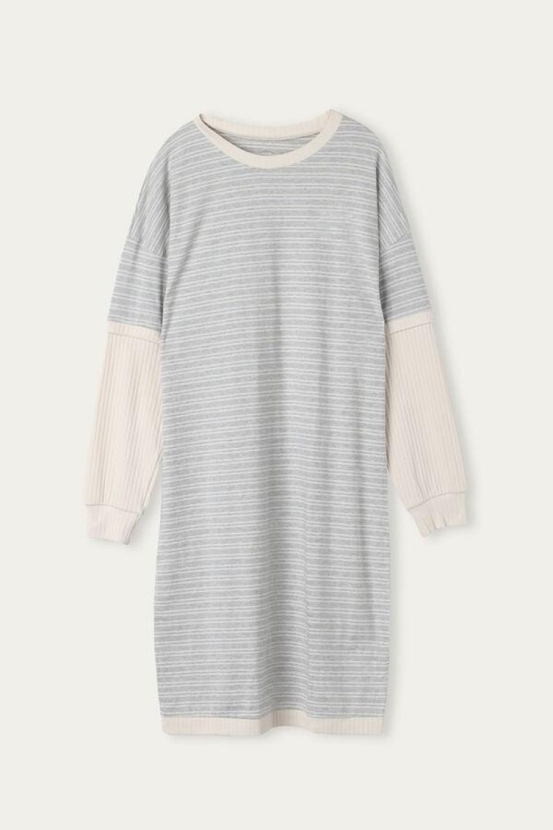 Intimissimi Casual Sunday Long Sleeve Nightshirt Pyjamas Dame Grå Lysegul Beige Striber | DK3839GL