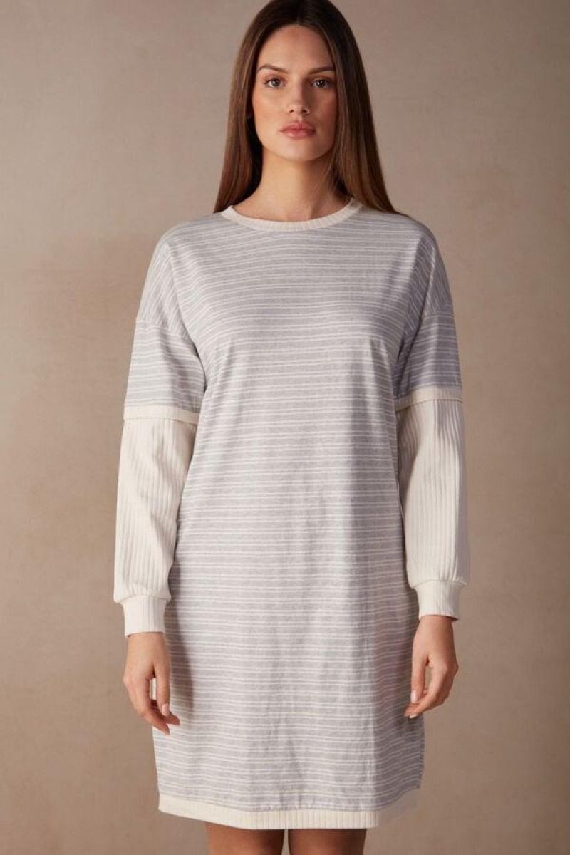 Intimissimi Casual Sunday Long Sleeve Nightshirt Pyjamas Dame Grå Lysegul Beige Striber | DK3839GL