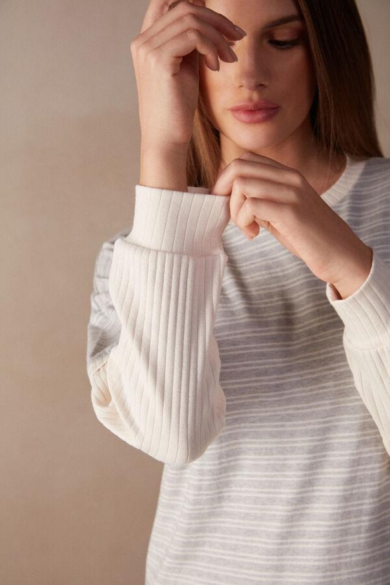 Intimissimi Casual Sunday Long Sleeve Top Pyjamas Dame Grå Lysegul Beige Striber | DK3918XF