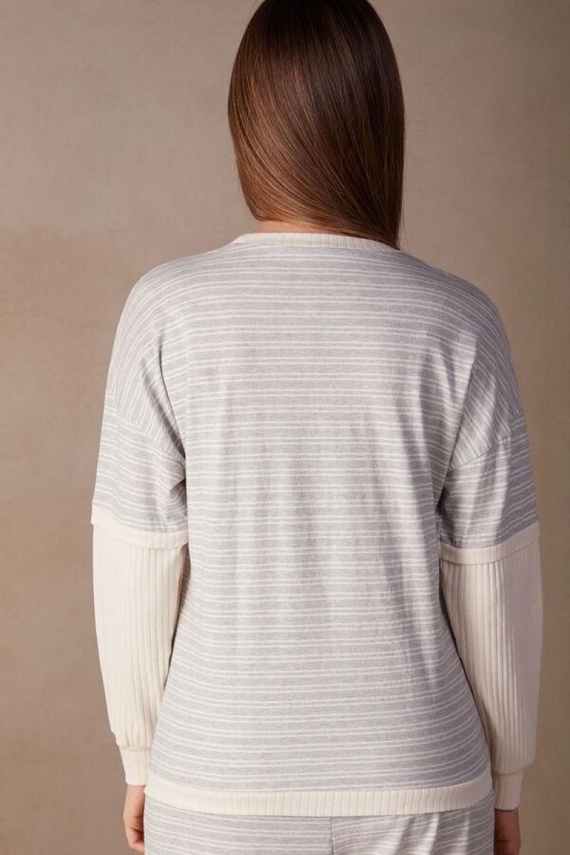 Intimissimi Casual Sunday Long Sleeve Top Pyjamas Dame Grå Lysegul Beige Striber | DK3918XF