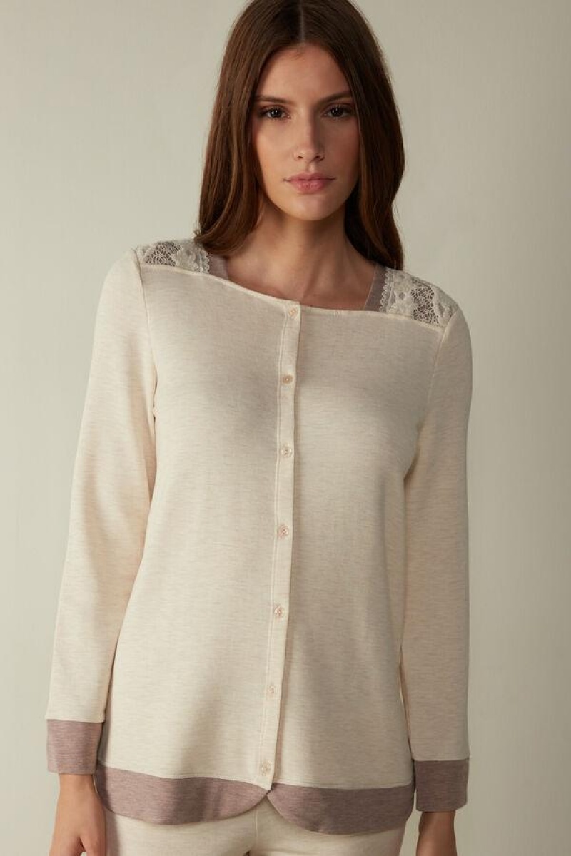 Intimissimi Classic Beauty Long Sleeve Button-Up Top Pyjamas Dame Beige | DK3876SO