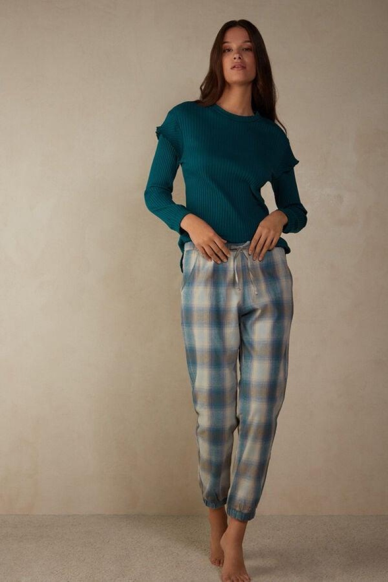 Intimissimi Cozy Mountains Brushed Cloth Pants with Cuffs Pyjamas Dame Blå | DK3990WY